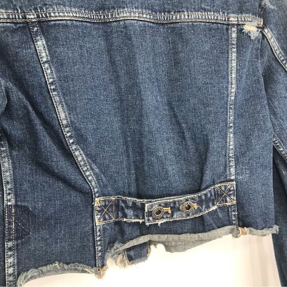 Free People Blue Cotton Denim Factory Distressed Button Crop Jacket - Picture 10 of 16